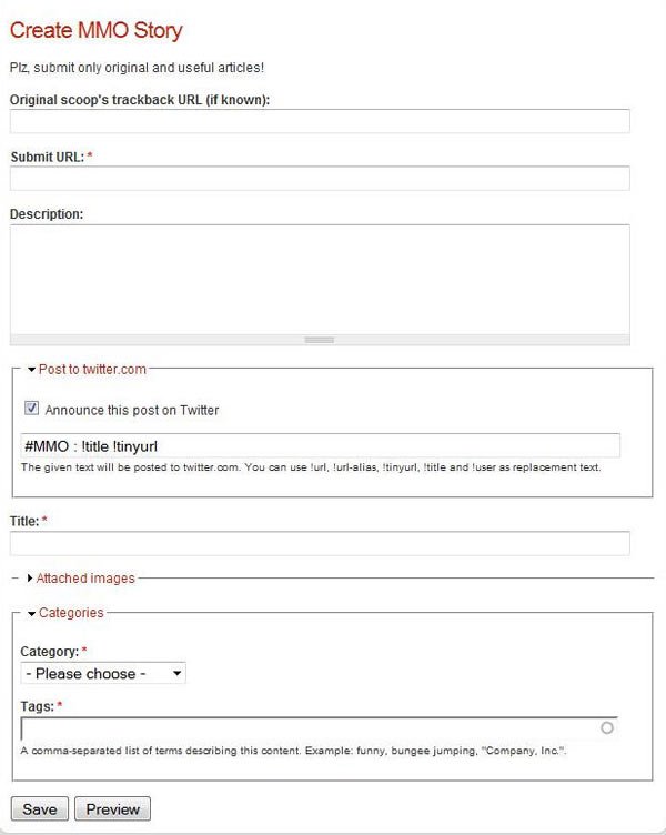 MMO Social Network submit page