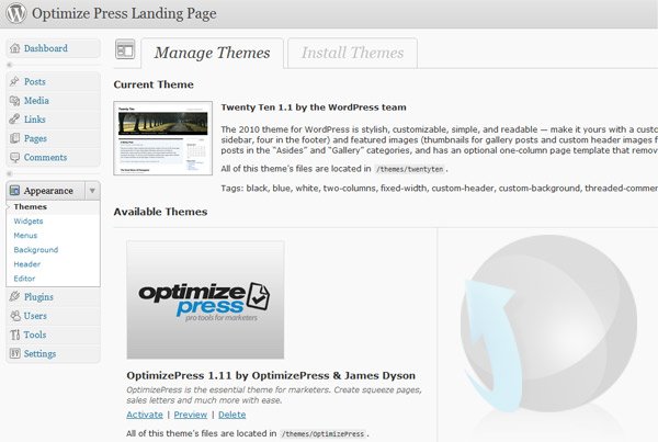 Installing OptimizePress WordPress theme