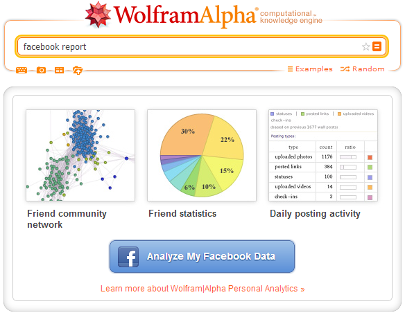 wolfram alpha facebook report personal profile insights tool
