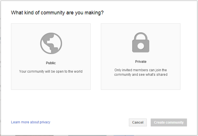 google plus community setup public private